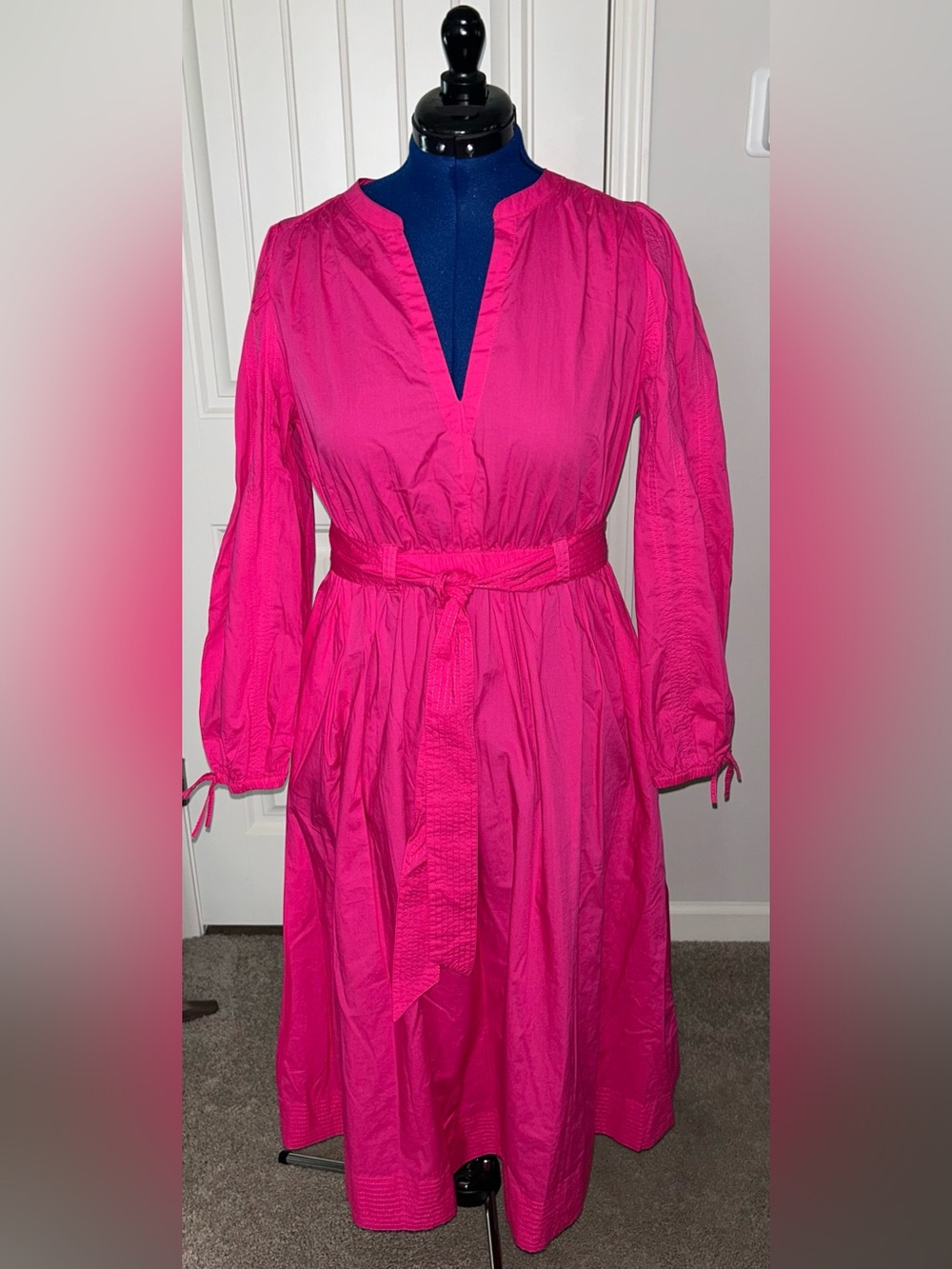 J. Crew Pink Belted V-Neck Midi Dress